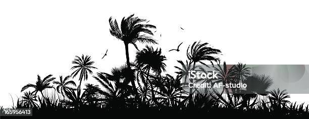 A Silhouette Of A Group Of Palm Trees And Birds Stock Illustration - Download Image Now - Palm Tree, Outline, White Background