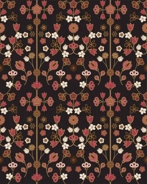 Vector illustration of Ethnic floral pattern in pink and gold color on black background. Ornate damask fabric swatch.