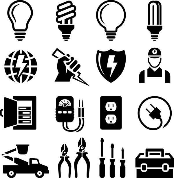 전기공 장비 배출 수리하다 블랙 & 인명별 아이콘 세트 - light bulb fluorescent light lighting equipment stock illustrations