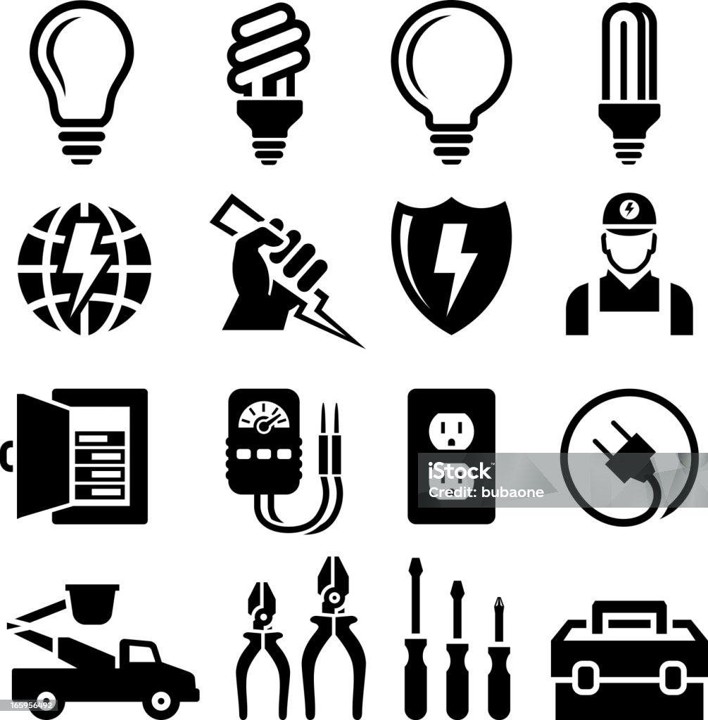 Elektryk sprzęt do gniazda naprawy & czarny biały Zestaw ikon - Grafika wektorowa royalty-free (Elektryk)