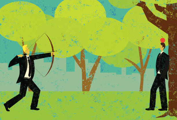 A man attempting to shoot the apple on a man's head with a bow and arrow. The men are on a separate labeled layer from the background.