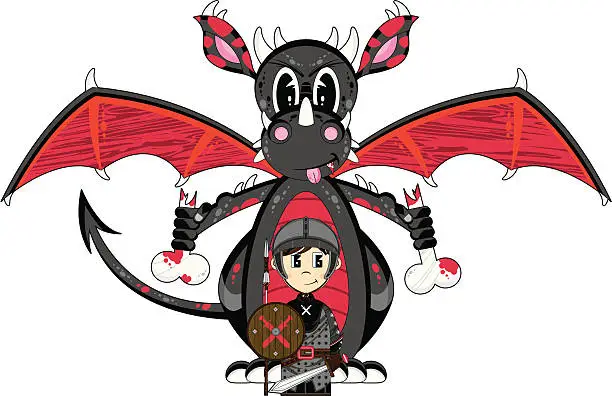 Vector illustration of Medieval Soldier and Dragon
