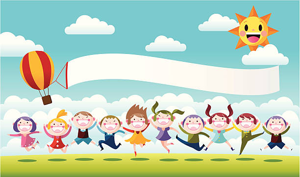 счастливый мало детей, прыгать - child balloon outdoors little boys stock illustrations