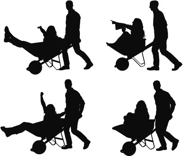 Vector illustration of Multiple images of man pushing a woman in wheelbarrow