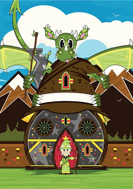 Vector illustration of Halloween Wizard with Dragon Scene