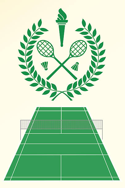 Badminton emblem Badminton emblem with laurel weraths, . torch, shuttlecocks, racquets, on top of a badmintoncourt layout. sport torch stock illustrations