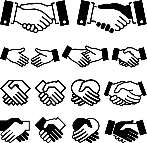 Handshake Agreement business meeting royalty free vector icon set Handshake Agreement black & white icon set shareholders meeting stock illustrations