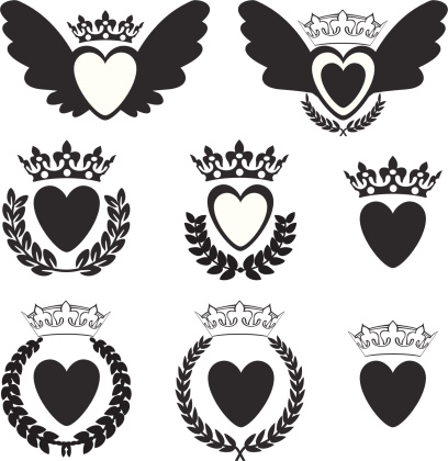 Set of lovely hearts with crowns, wings and laurel wreaths as black silhouettes. 