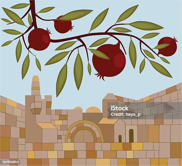Città Vecchia Di Gerusalemme E Melograno Branch - Immagini vettoriali stock e altre immagini di Melagrana - Melagrana, Gerusalemme, Antico - Condizione