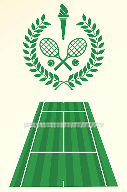 Tennis poster and emblem Tennis emblem with laurel weraths, . torch, balls and racquets, on top of a tenniscourt layout. sport torch stock illustrations