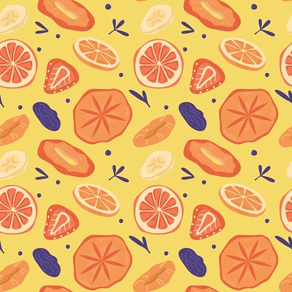 Seamless pattern with various dried fruits on an orange background, flat vector illustration. Background with natural sweets.