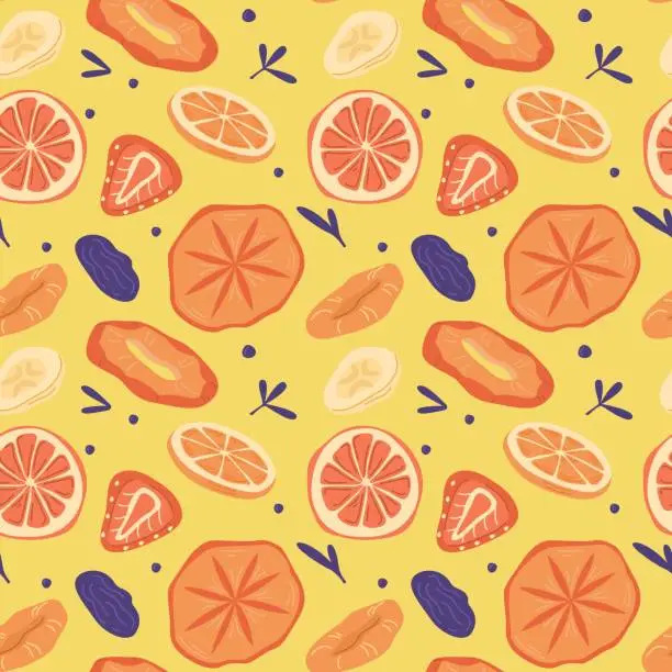Vector illustration of Seamless pattern with various dried fruits on an orange background, flat vector illustration.
