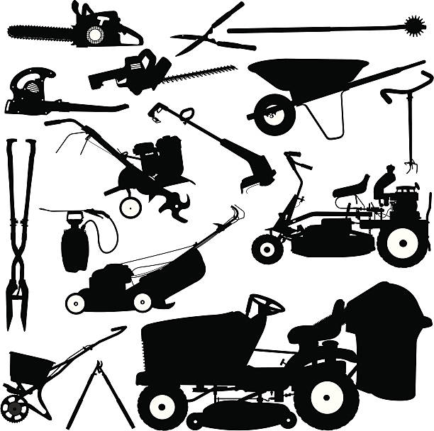 landschaftsgestaltung tools, rasenmäher, pruners, schubkarre - lawn mower tractor gardening riding mower stock-grafiken, -clipart, -cartoons und -symbole