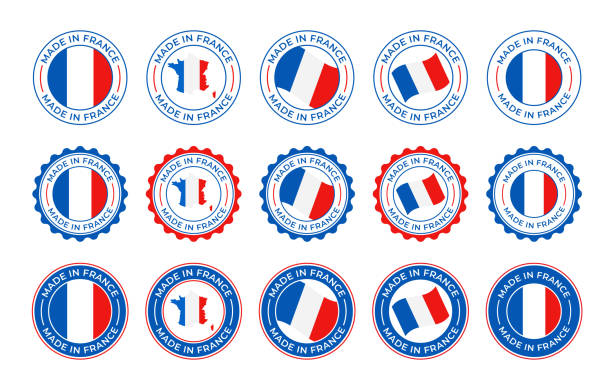illustrations, cliparts, dessins animés et icônes de fabriqué en france - jeu vectoriel. étiquette, logo, badge, emblème, collection de timbres avec drapeau de la france et texte isolé sur fond blanc - fabriqué en france