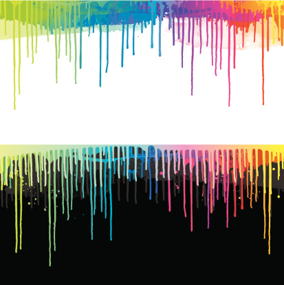 Bright colourful paint drips on black or white background.