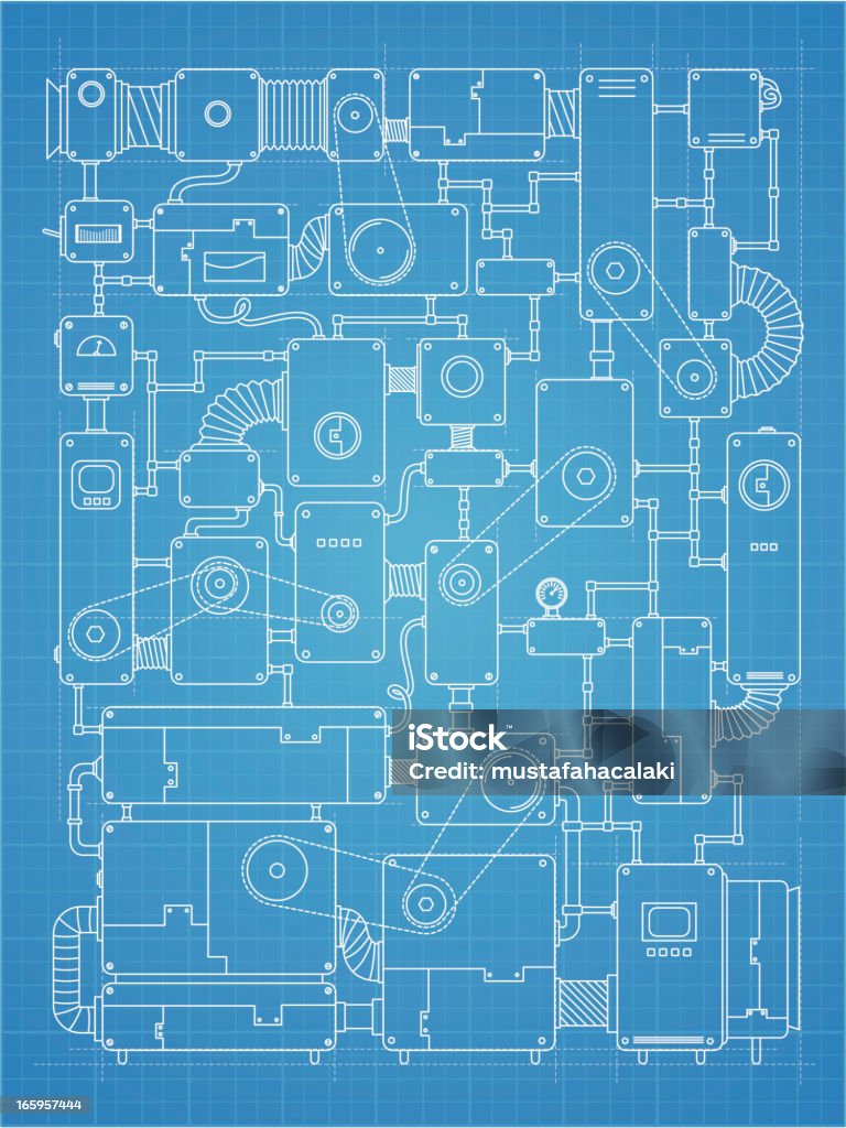 Blueprint machine project Vector illustration of a complex - detailed machine project. Project, guidelines and blueprint background on different layers. Can be separated. Illustrator and JPG files are included. Machinery stock vector