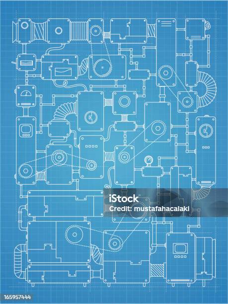 Blueprint Machine Project Stock Illustration - Download Image Now - Machinery, Blueprint, Backgrounds