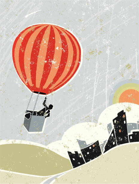 ilustraciones, imágenes clip art, dibujos animados e iconos de stock de hombre de negocios en globo aerostático de aire caliente volando sobre el paisaje de la ciudad - leaving business landscape men