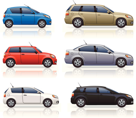 Generically styled, modern passenger car icons. Includes small city cars, small and large hatchbacks and an estate style car.