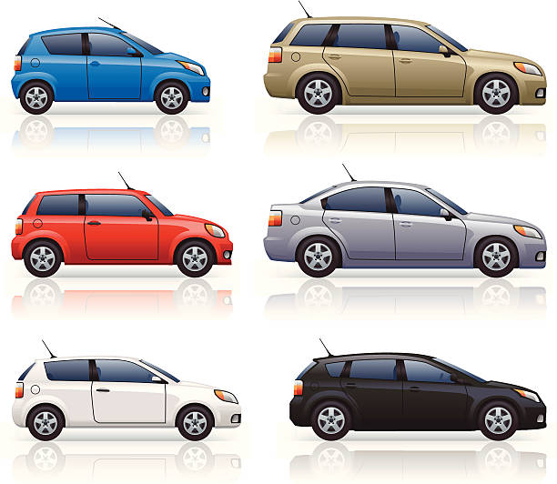 City & Family Cars Generically styled, modern passenger car icons. Includes small city cars, small and large hatchbacks and an estate style car. hatchback side stock illustrations