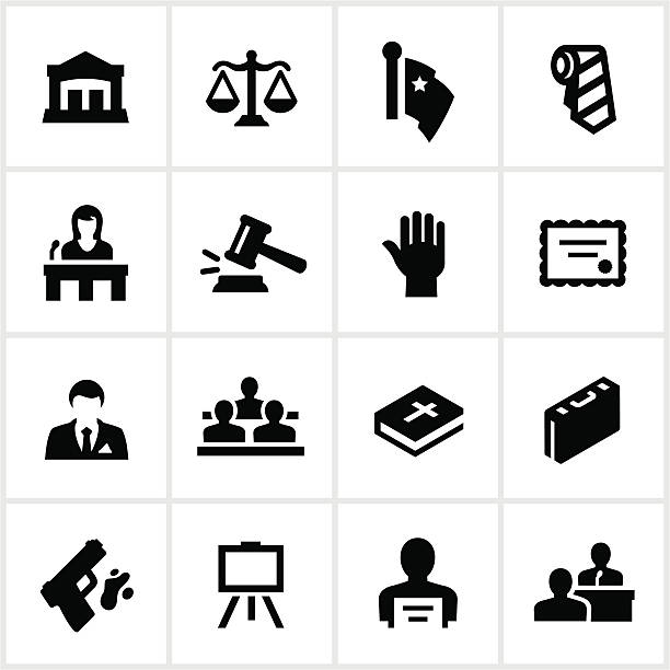 Law And Justice Icons Law/courtroom related icons. All white strokes/shapes are cut from the icons and merged allowing the background to show through. lawyer icons stock illustrations