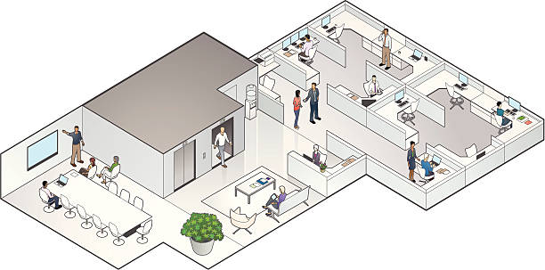 Isometric Office Interior Detailed cutaway illustration of an office flat, including people. corporate office cubicle stock illustrations