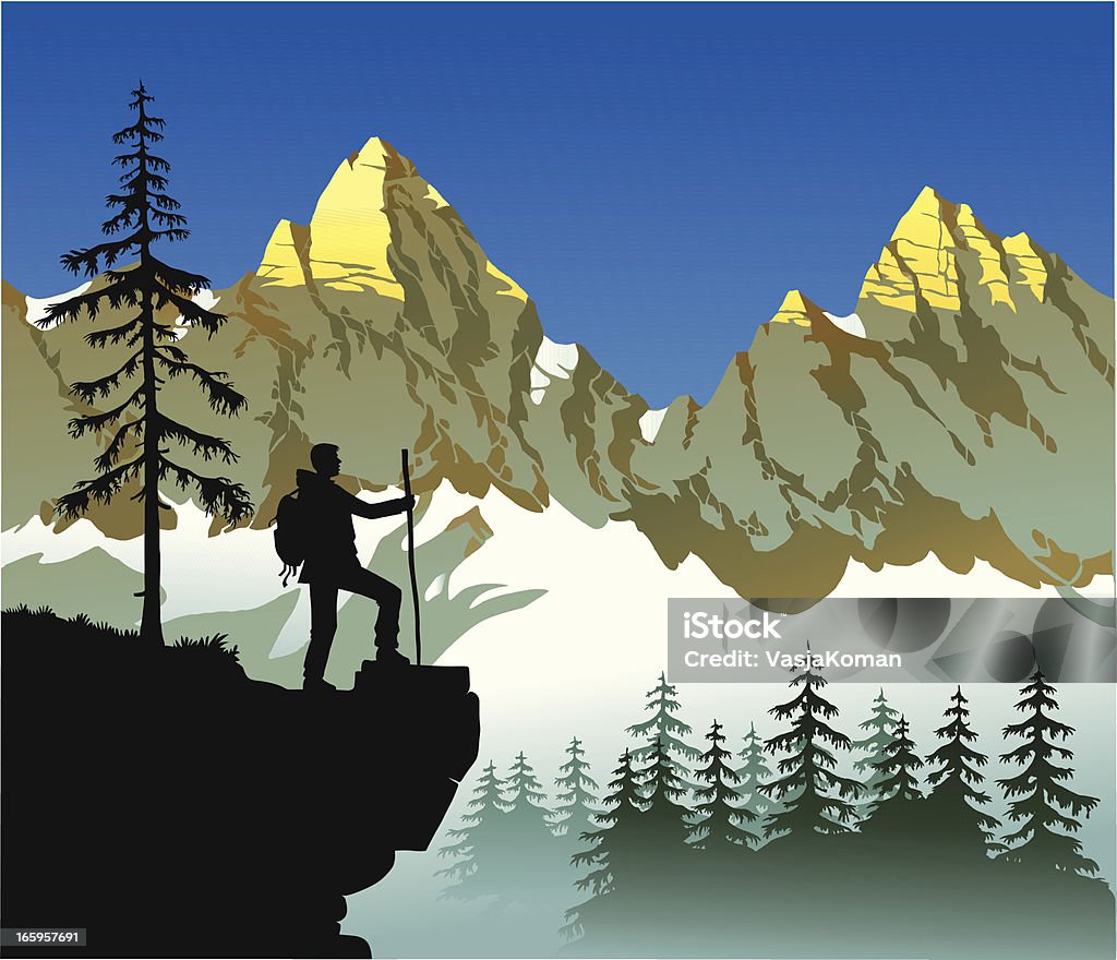 Mountain Hiker Vector painting of an early bird hiker admireing sun lit mountain tops at the sunrise. All the important ellements of the picture are on separate layers for easy editing. High resolution JPG and Illustrator 0.8 EPS included. Hiking stock vector