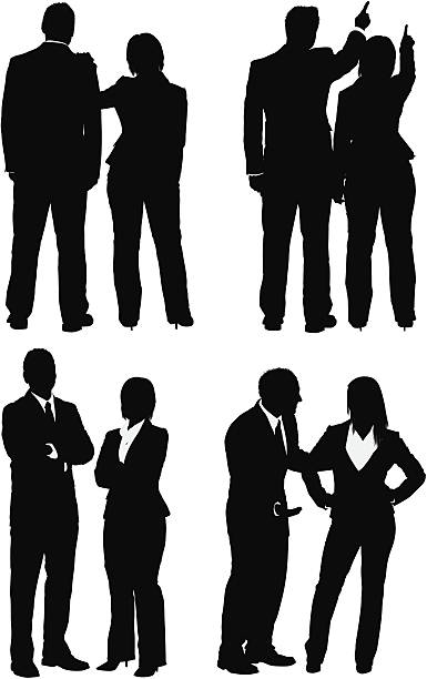 ilustraciones, imágenes clip art, dibujos animados e iconos de stock de silueta de negocios ejecutivos en dofferent acción - men inside of suit silhouette
