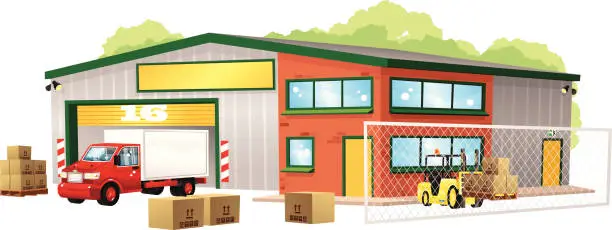 Vector illustration of Modern warehouse building, truck and forklift