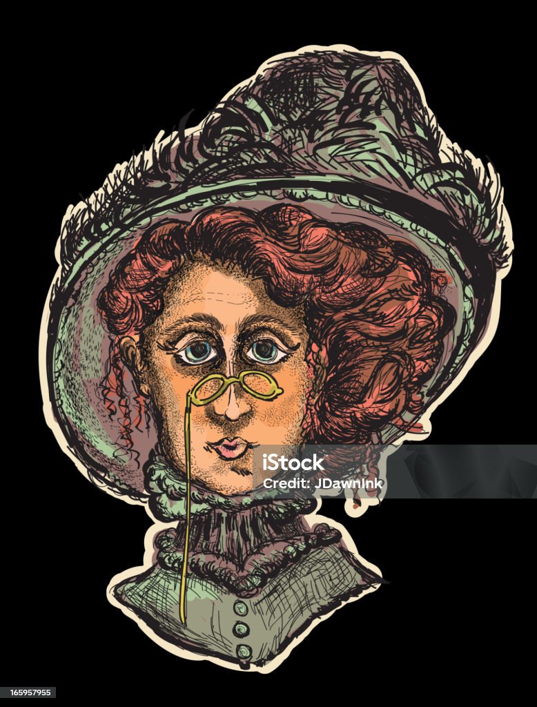 Victorian or steampunk lady portrait Vector illustration of an old-fashioned, colorized Victorian or steampunk lady. Fashionable lady features large feathery hat, and glasses on the end of her nose. Download includes Illustrator 8 eps with black background on separate layer and high resolution jpg. As an added bonus I've included a high resolution png of the black and white version as well as a full color png. Steampunk stock vector