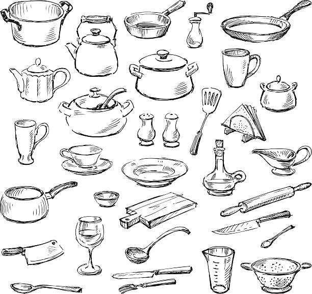 ilustraciones, imágenes clip art, dibujos animados e iconos de stock de kitchenware - white background container silverware dishware