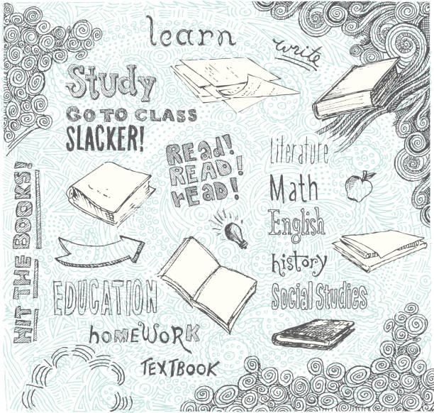 stuknijcie książek bazgroły - textbook book apple school supplies stock illustrations