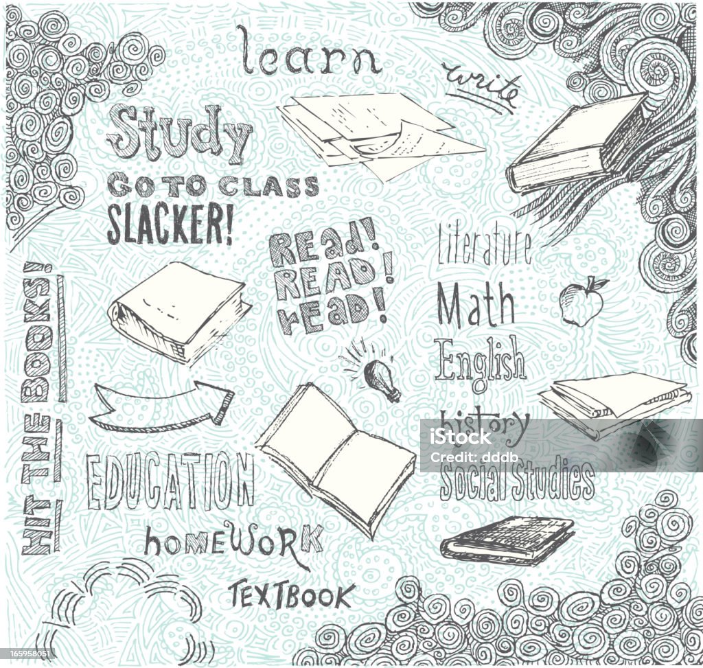 Hit the Books Doodle Hand-drawn doodle pencil sketch of various books, educational imagery and hand-drawn text. All elements are grouped for easy rearrangement. Funky doodle background on layer that can be easily removed. XL 5000x5000 jpeg included. Book stock vector