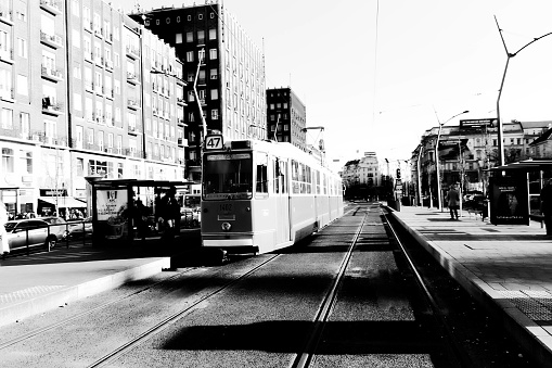 Step into the past through the lens of this evocative black and white photograph capturing Budapest's timeless public transport scene. Trams with their graceful contours glide along the tracks, reminiscent of a bygone era, while the city's historic architecture forms a timeless backdrop. The play of light and shadow highlights the textures of cobblestone streets, and the passengers within the trams seem like silhouettes of stories unfolding against the urban tableau. This image encapsulates the fusion of history and modernity, where the city's heart keeps beating to the rhythm of its iconic transportation, bridging the gap between generations and creating a monochromatic symphony of movement