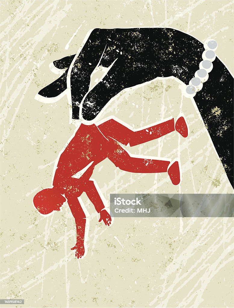 Glamorous Giant Woman's Hand Holding Tiny Man The End of the Affair!. A stylized vector cartoon reminiscent of an old screen print poster of a giant glamorous woman's hand holding a tiny man. Concept to show relationship issues, femme fatale, pressure,domestic abuse, woman's issues, divorce or contempt. Women stock vector