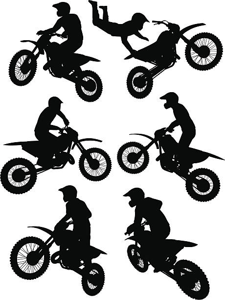 illustrations, cliparts, dessins animés et icônes de silhouettes de motocross rider effectuer des acrobaties - scrambling
