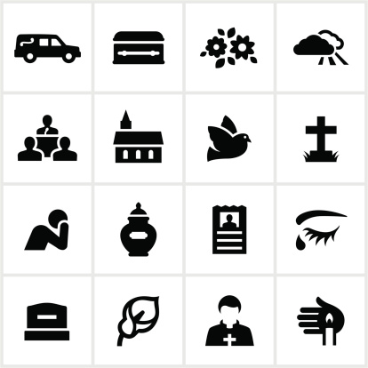 Funeral related icons. All white strokes/shape are cut from the icons and merged allowing the background to show through.