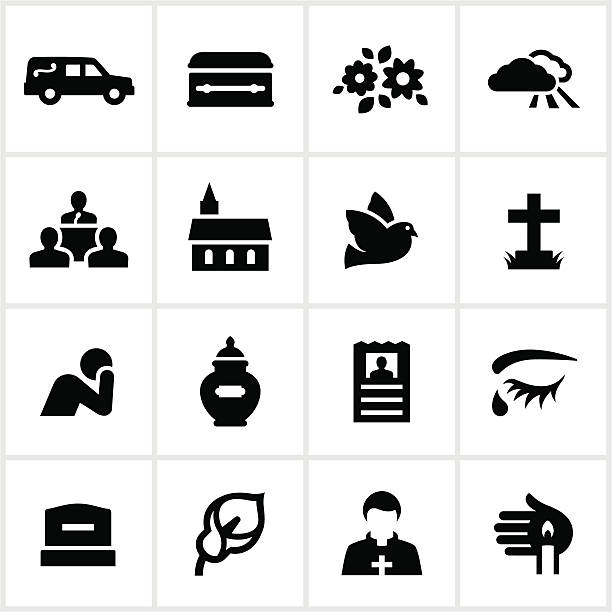 Black Funeral Icons Funeral related icons. All white strokes/shape are cut from the icons and merged allowing the background to show through. mourning illustrations stock illustrations