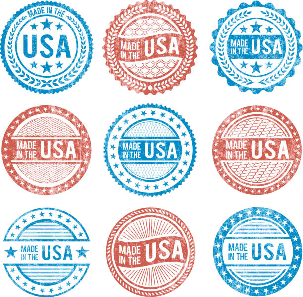 made in the usa patriotischen grunge-vektor icon-set - usa made in the usa industry striped stock-grafiken, -clipart, -cartoons und -symbole