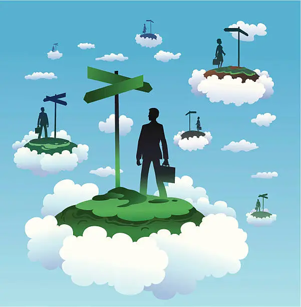 Vector illustration of Floating Islands with People and Directional Signs