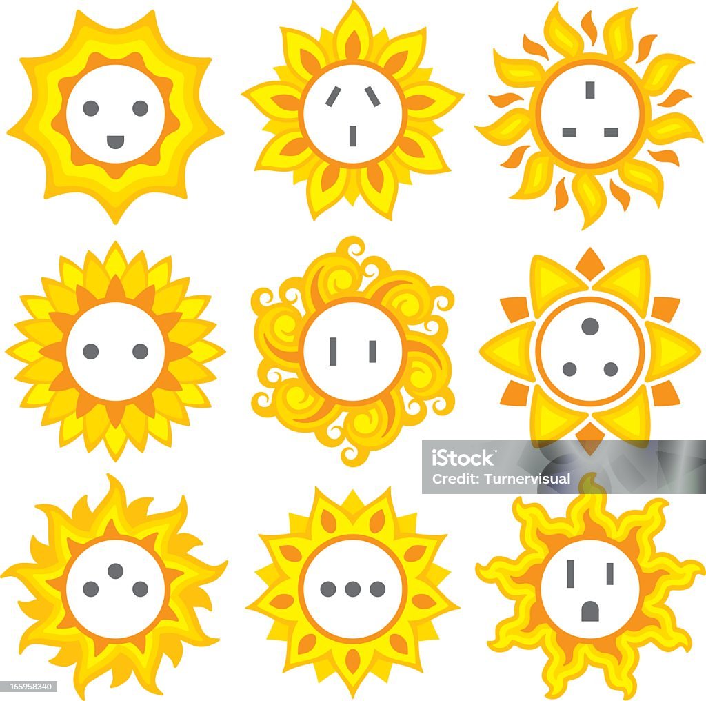 Plug Into Solar Power Sockets can be switched from one icon to the other. 9 unique solar power sun icons. Electric Plug stock vector