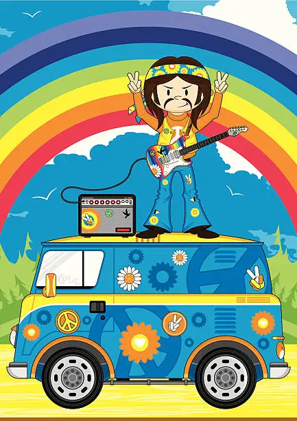 Vector illustration of Hippie Guitarist on Camper Van Scene