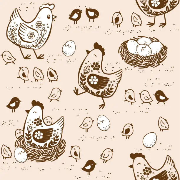 Vector illustration of Seamless pattern in retro style of stylized chicken with floral ornament and chicks in doodle style