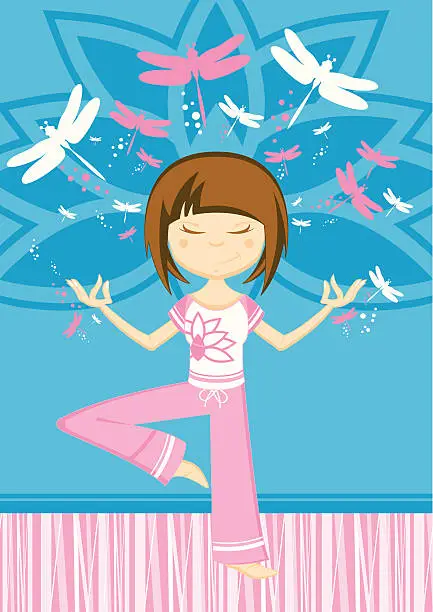 Vector illustration of Cartoon Yoga Girl & Dragonflies