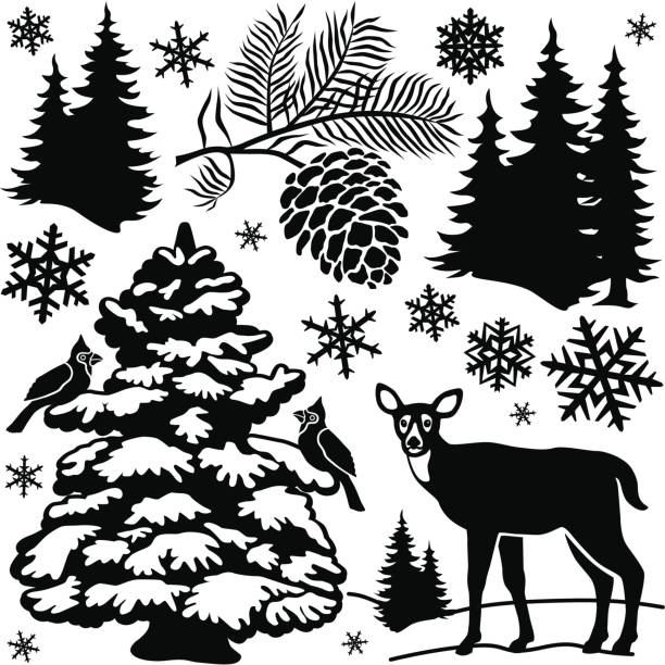 forest design elements Vector design elements with a forest theme featuring cardinals, a deer, snowflakes and pine trees. black and white deer stock illustrations