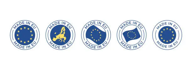 Vector illustration of Made in EU - vector set. Label, logo, badge, emblem, stamp collection with flag of European Union and text isolated on white backround