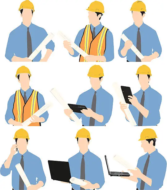 Vector illustration of Construction worker with laptop and blueprint