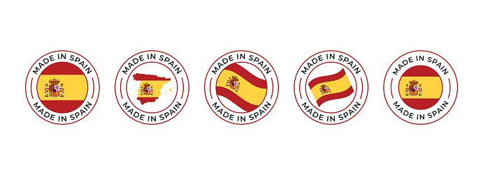 Made in Spain - vector set. Label, logo, badge, emblem, stamp collection with flag of Spain and text isolated on white backround