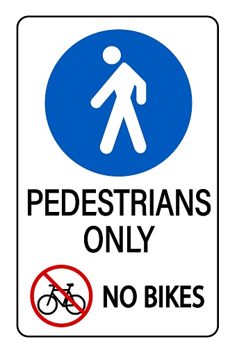 Pedestrians only traffic sign with small no bikes ban sign in the bottom. Text. Vector.