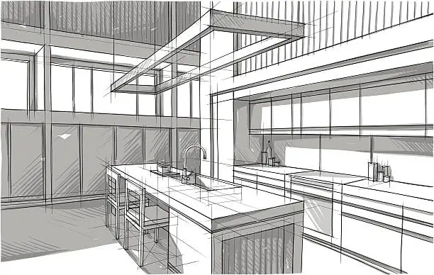 Vector illustration of A blueprint sketch design of a modern kitchen
